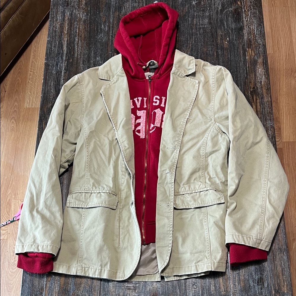Plugg Beige Lightweight Men's Jacket with Red Hoodie Layer